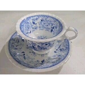 Staffordshire Felspar China cup and saucer, Georgian blue & white floral tea cup
